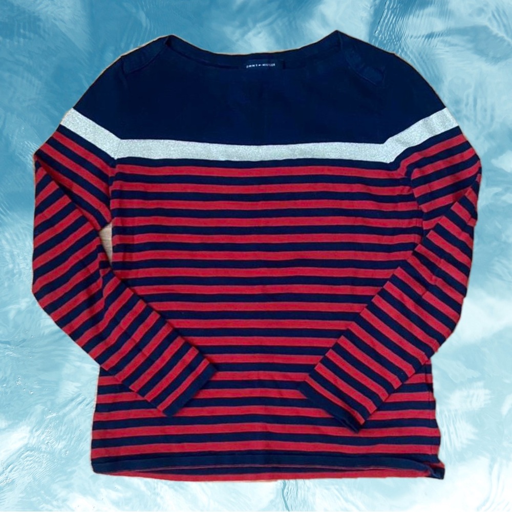 Tommy Hilfiger red and navy striped long sleeve shirt/sweater